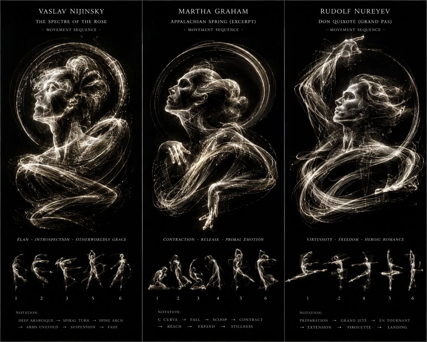 Glowing motion trails forming an abstract dancer portrait in darkness.