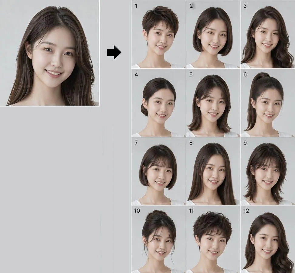 A 12-panel grid showing the same person with 12 different hairstyles against a grey background.