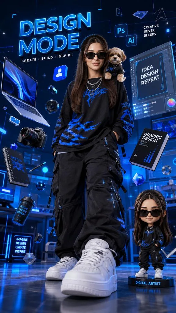 A stylish digital artist with a puppy in a futuristic neon blue studio.