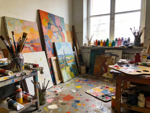 A cluttered artist studio filled with canvases, paintbrushes, and art supplies in natural light.