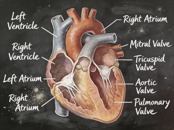 Detailed chalkboard drawing of human heart anatomy with labels