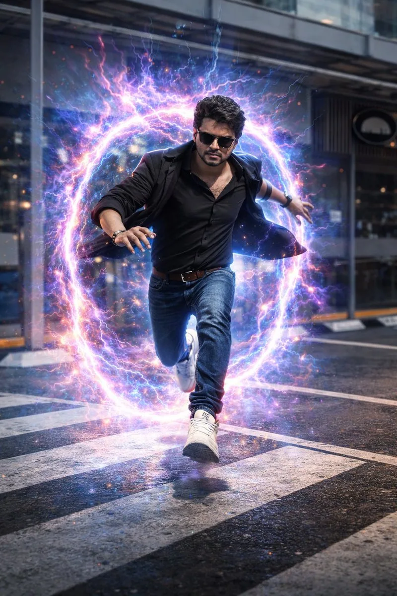 A man leaping through a glowing neon dimensional portal onto a wet city street.