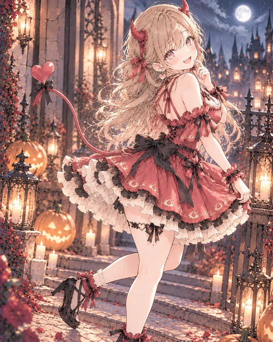 A girl in a pale red devil dress with fabric horns and a heart-shaped tail.
