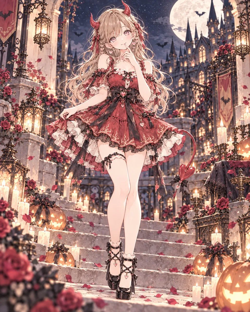 A girl in a pale red devil dress with fabric horns and a heart-shaped tail. (2)