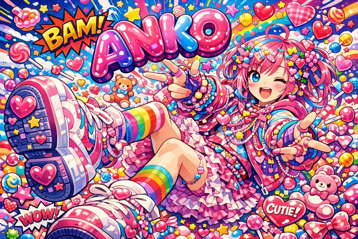 A vibrant Harajuku Decora character surrounded by colorful accessories and pop art elements.