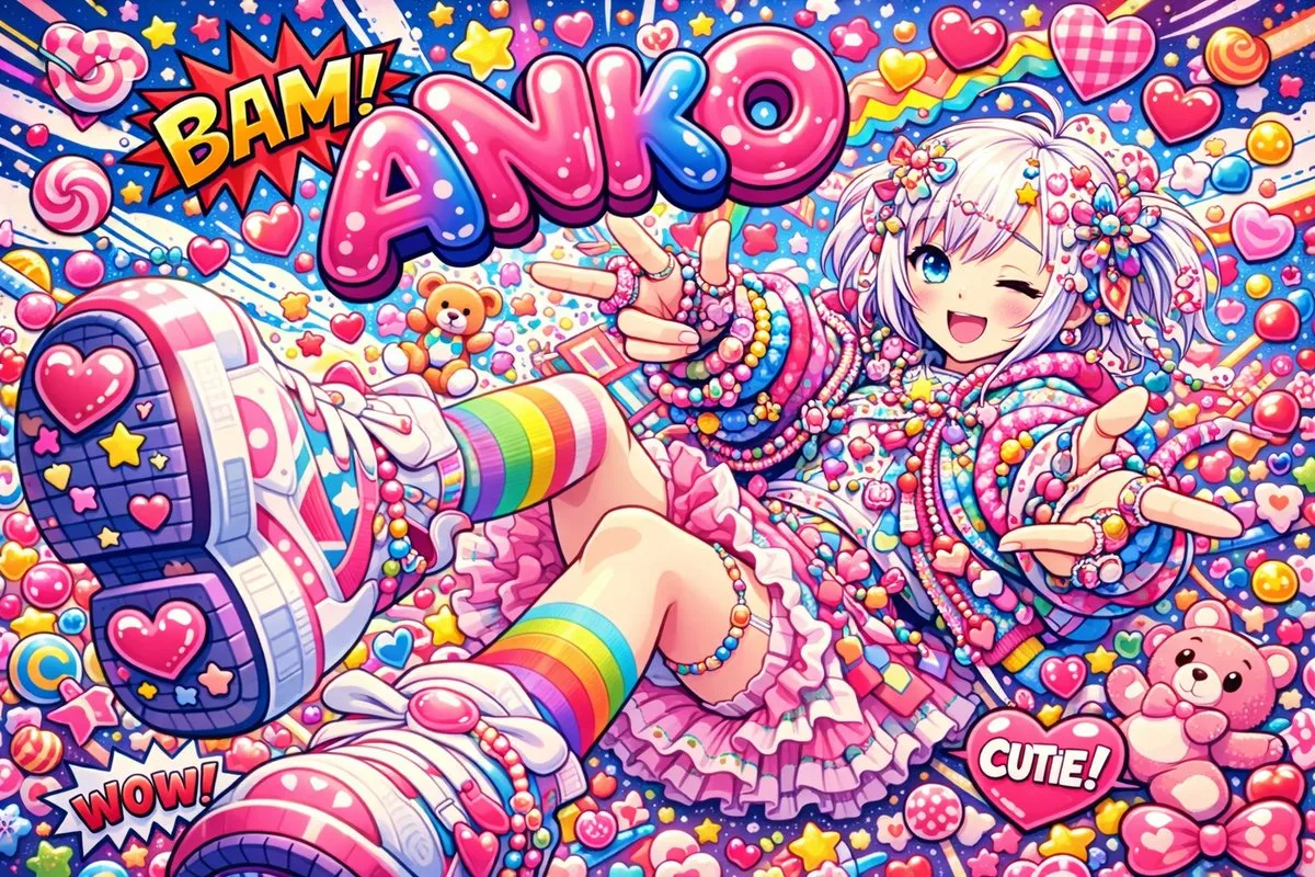 A vibrant Harajuku Decora character surrounded by colorful accessories and pop art elements. (2)