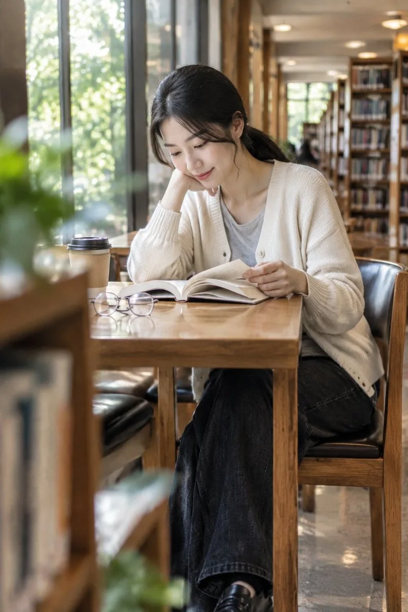 Asian woman reading a book by a library window with natural light.
