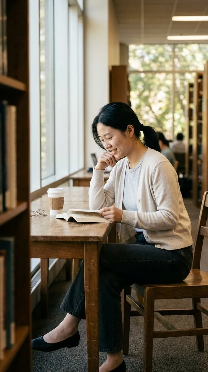 Asian woman reading a book by a library window with natural light. (2)