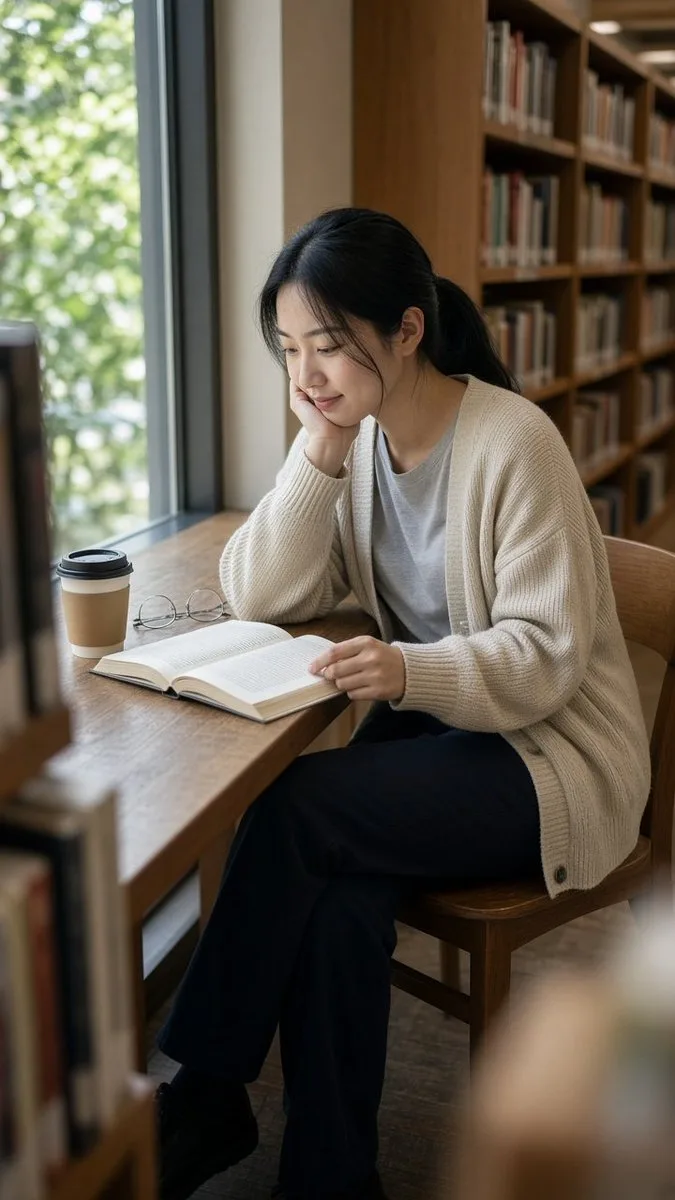 Asian woman reading a book by a library window with natural light. (3)