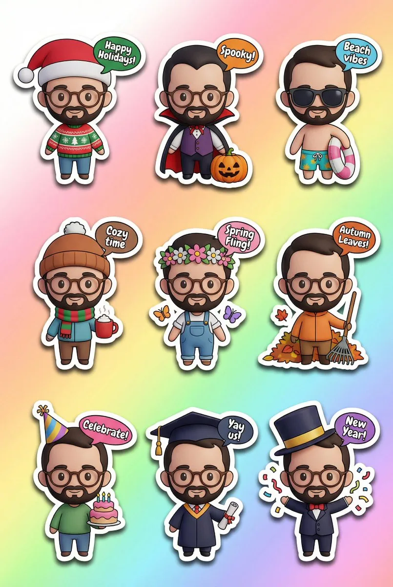 Nine cute 3D chibi stickers with seasonal holiday themes and festive speech bubbles.