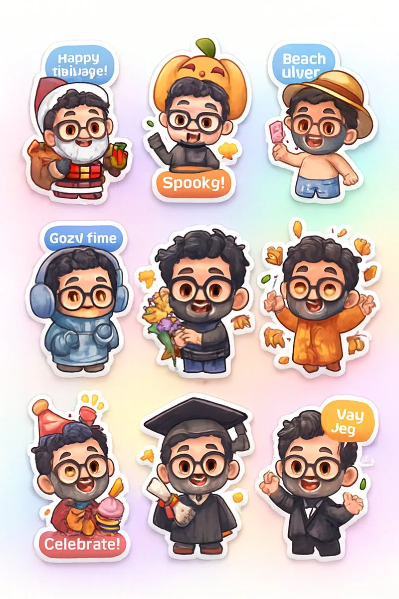 Nine cute 3D chibi stickers with seasonal holiday themes and festive speech bubbles. (2)