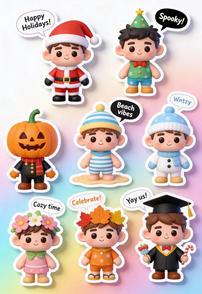 Nine cute 3D chibi stickers with seasonal holiday themes and festive speech bubbles. (3)