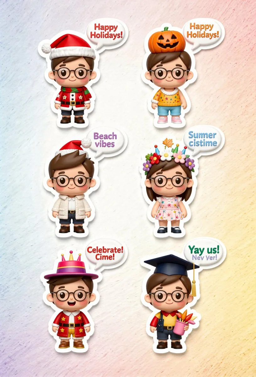 Nine cute 3D chibi stickers with seasonal holiday themes and festive speech bubbles. (4)