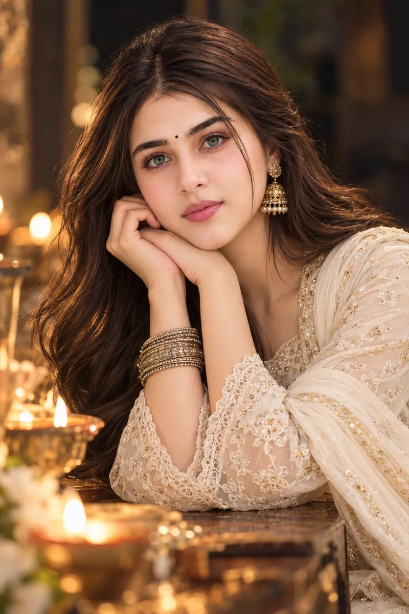 Cinematic portrait of a South Asian woman in traditional attire with warm diya bokeh lighting.