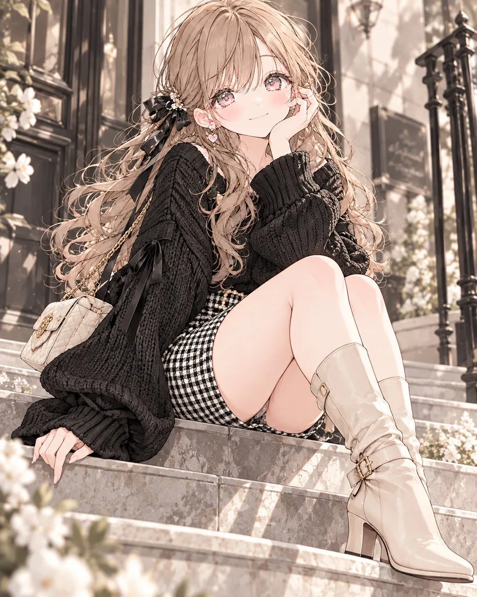 A chic fashion look featuring a black gingham skirt, knit sweater, and beige boots.