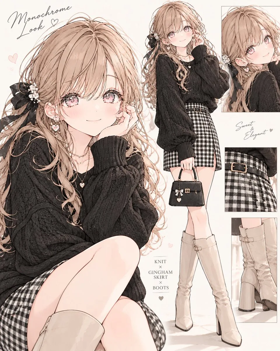 A chic fashion look featuring a black gingham skirt, knit sweater, and beige boots. (2)