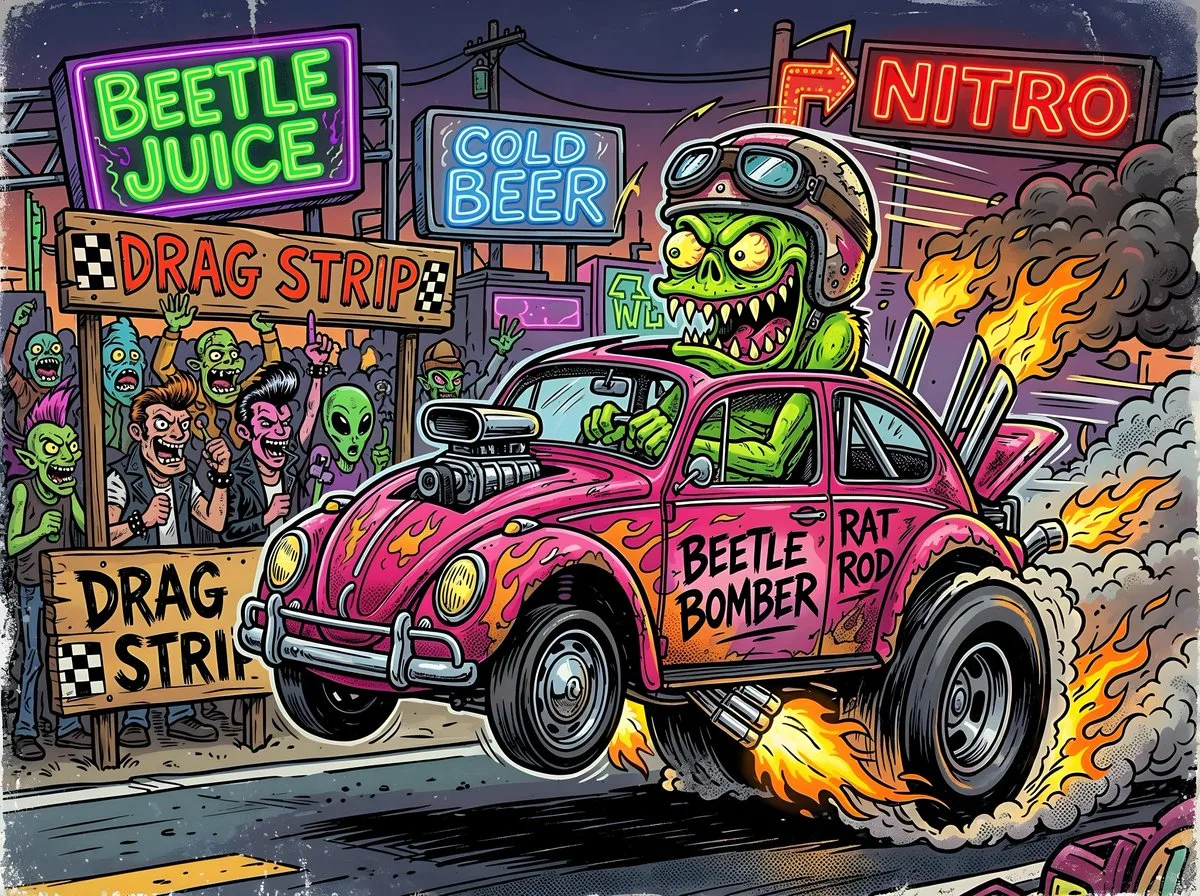 A green monster driving a flaming pink cartoon drag racing car.