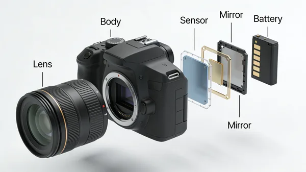 Exploded view of a DSLR camera showing internal components and lens assembly.