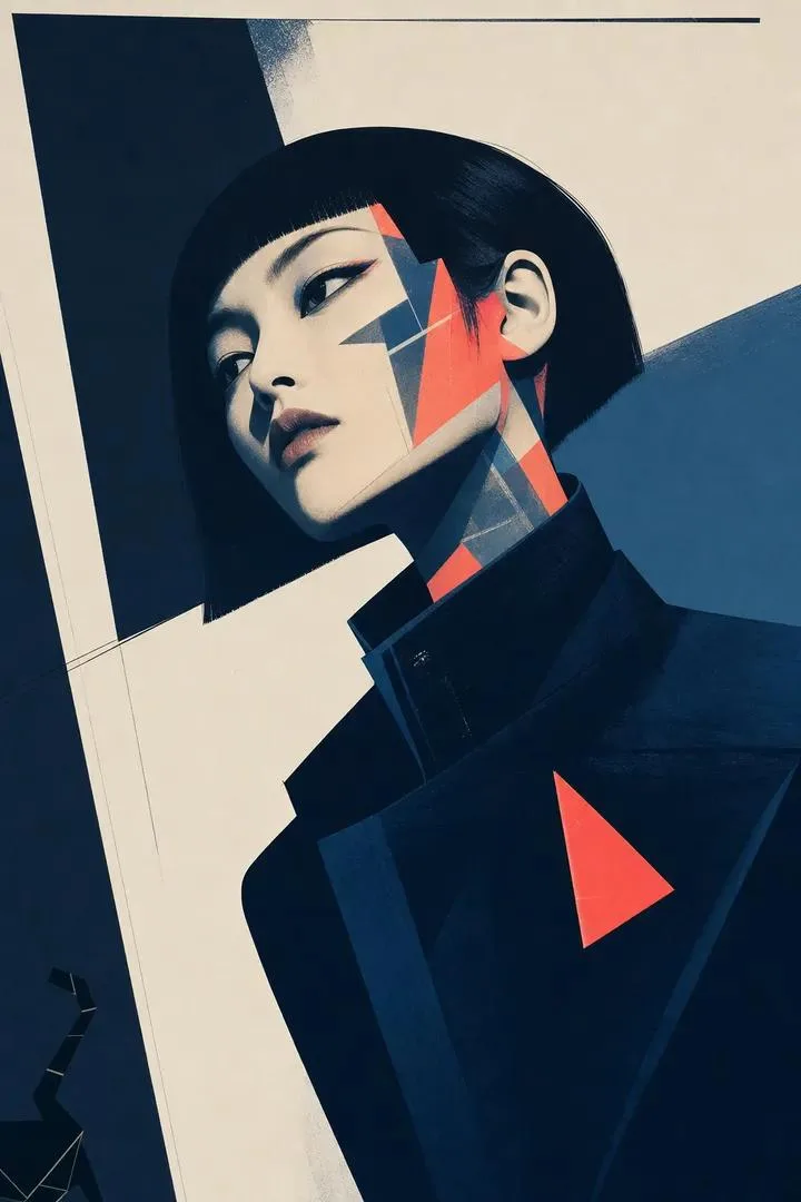 Modern art portrait of a woman with geometric shapes and a sharp, architectural style.