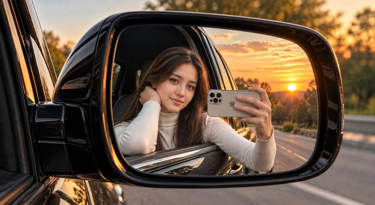 A woman taking a selfie reflected in the side mirror of a black car.