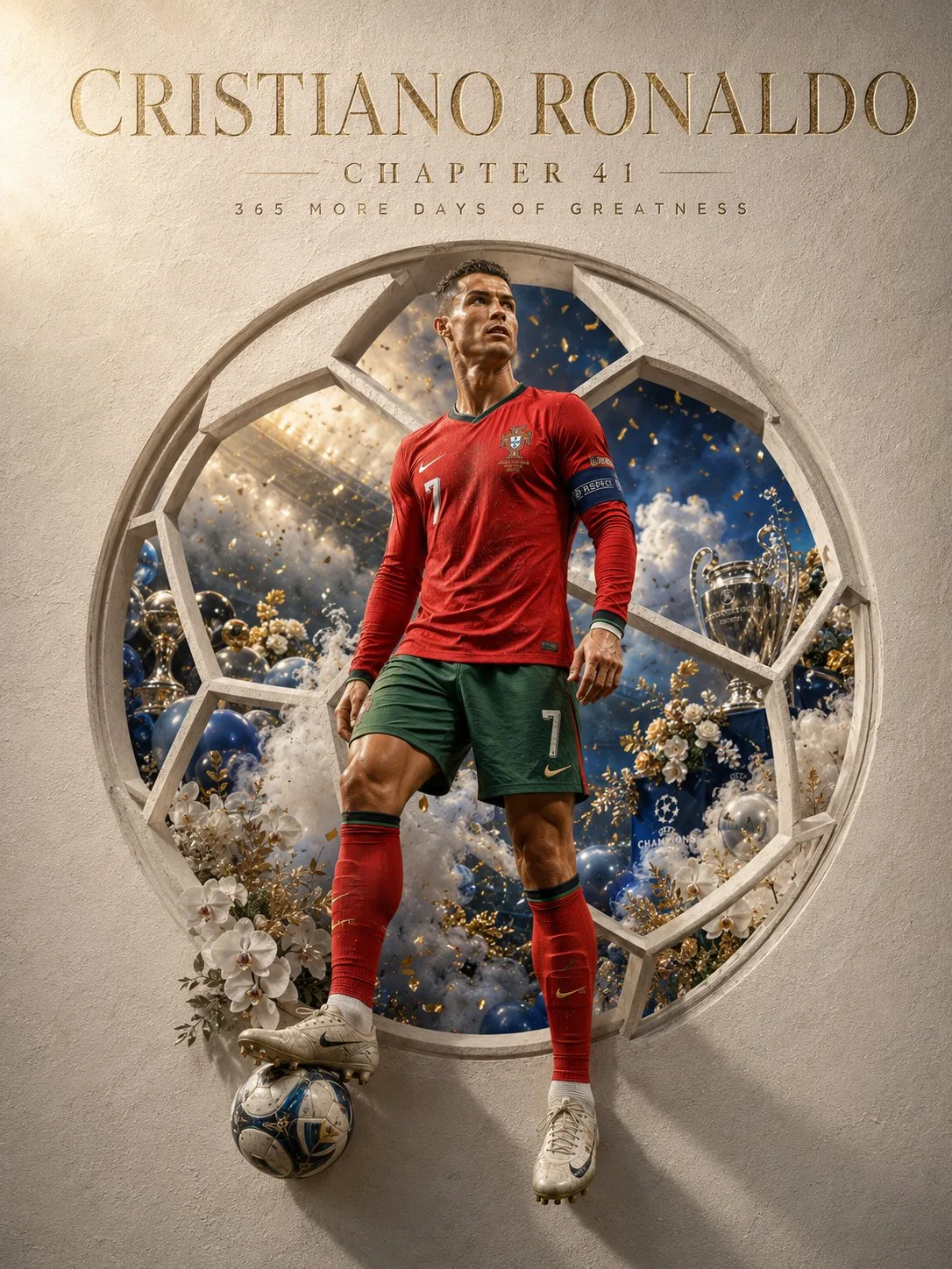 Cristiano Ronaldo standing in a carved football-shaped frame with championship celebration elements.