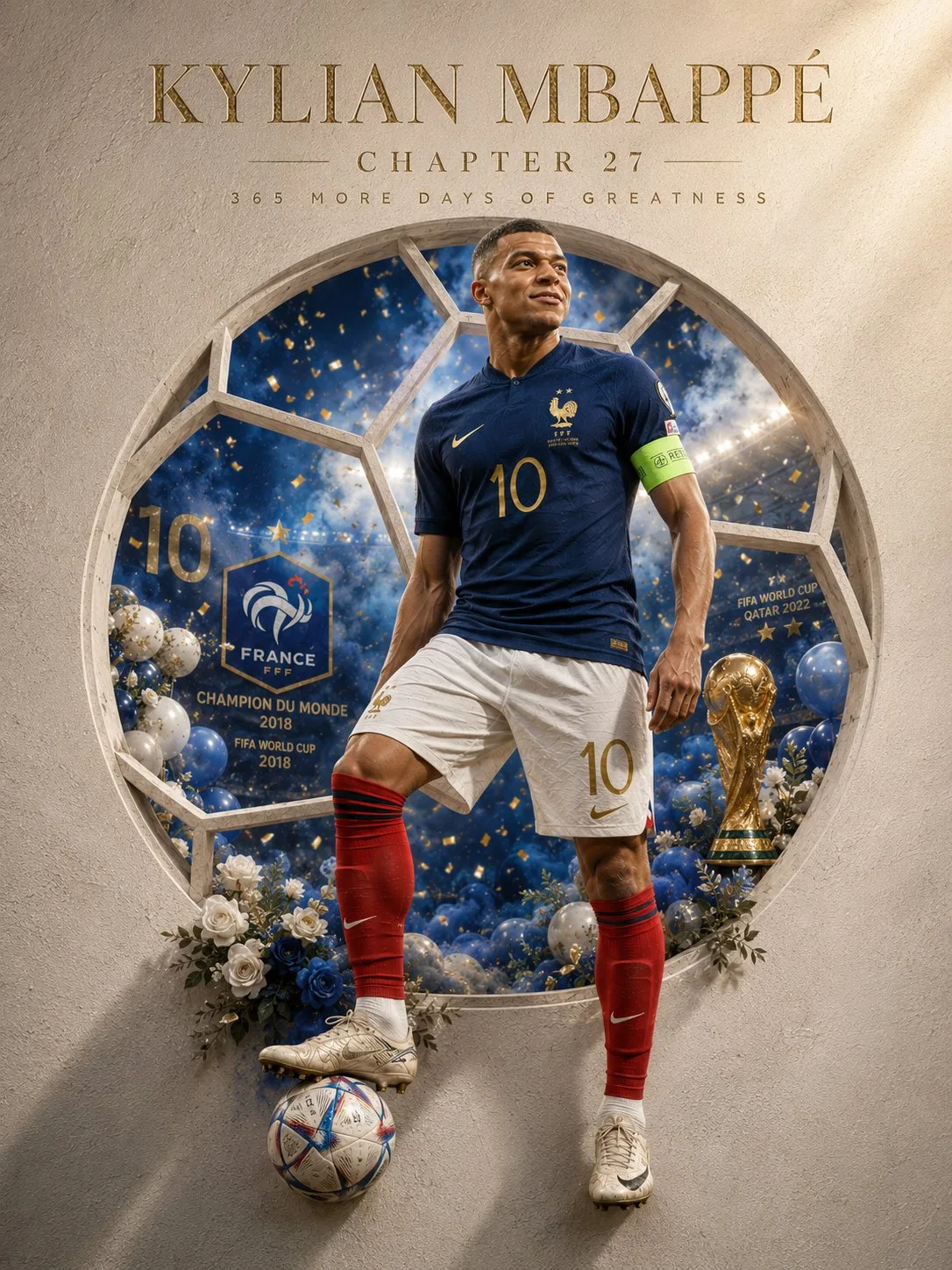 Cristiano Ronaldo standing in a carved football-shaped frame with championship celebration elements. (2)