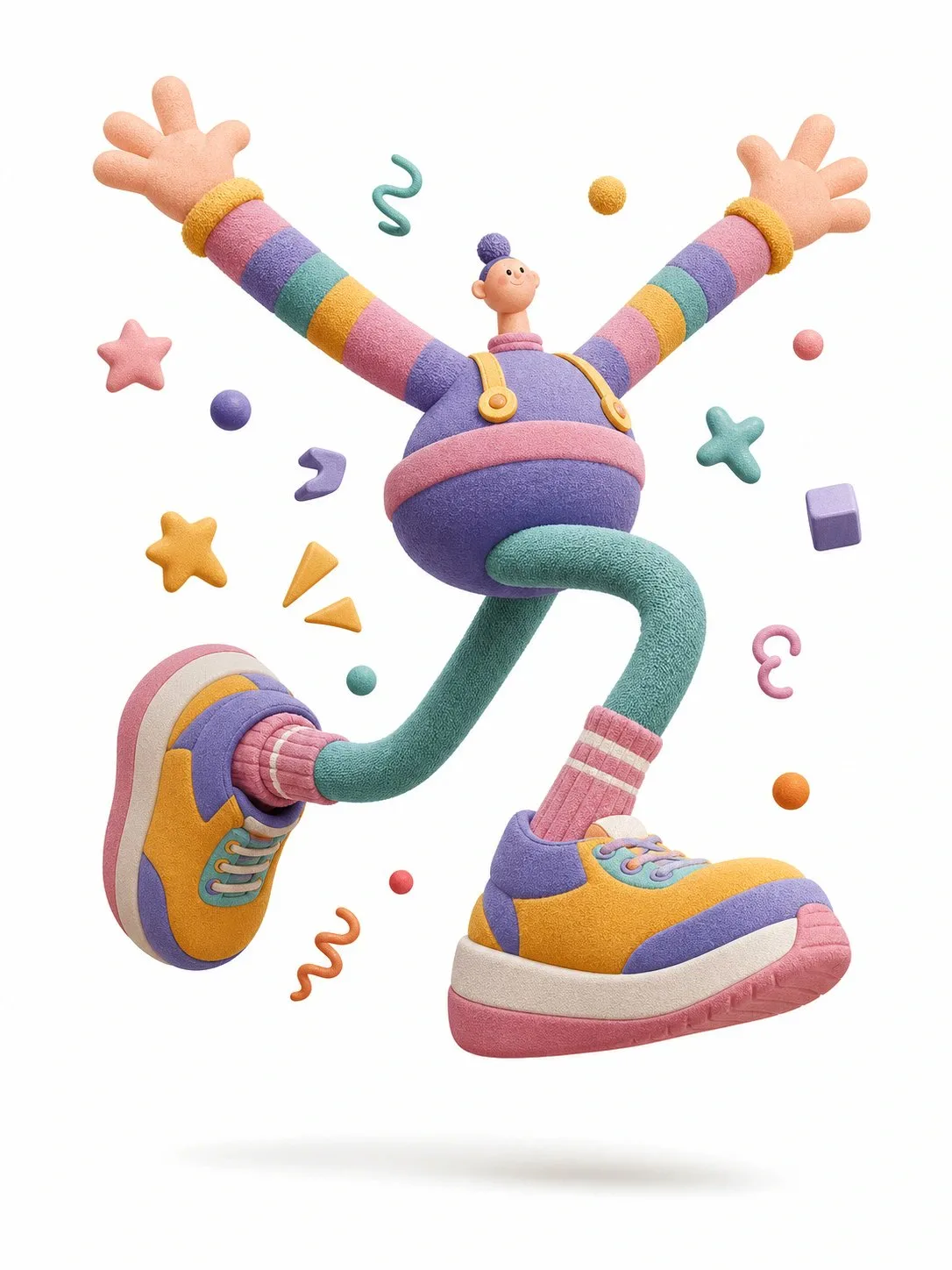 A 3D cartoon acrobat with chunky sneakers leaping joyfully against a white background.