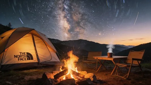 Cozy mountain tent campsite with a campfire and starry galaxy sky.