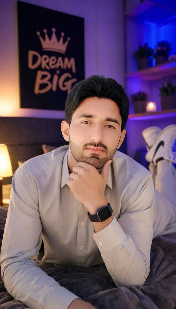Stylish young man in shalwar kameez relaxing in a modern bedroom with purple ambient lighting.