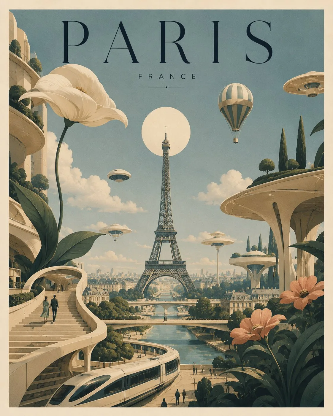 Surreal futuristic architectural landscape with grand buildings and oversized plants in a vintage poster style.