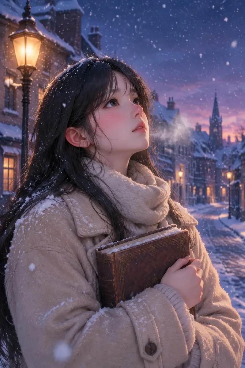 Young woman in a winter coat holding a book on a snowy European street at twilight.
