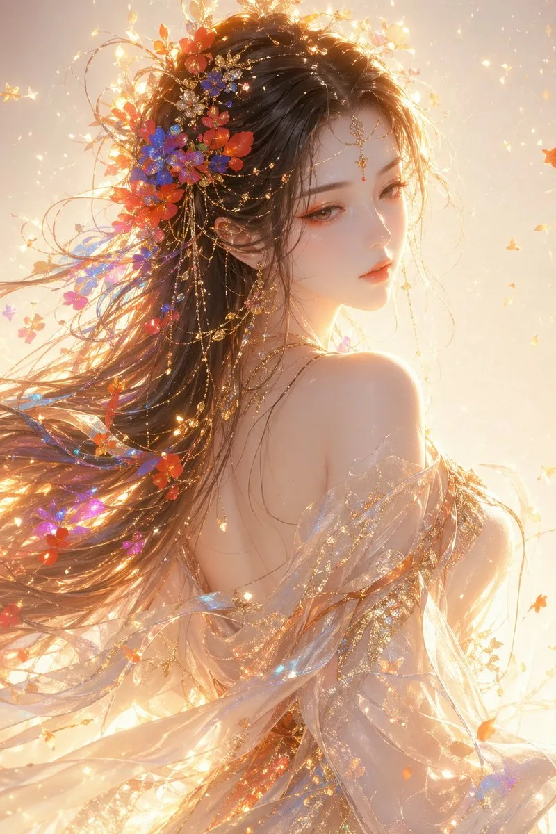 Ethereal fantasy woman portrait with flowing floral hair and warm golden light.