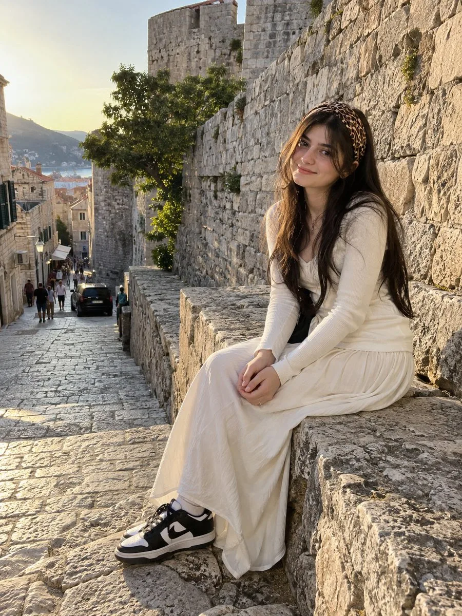 Young woman sitting on an ancient stone wall in a historic European town.