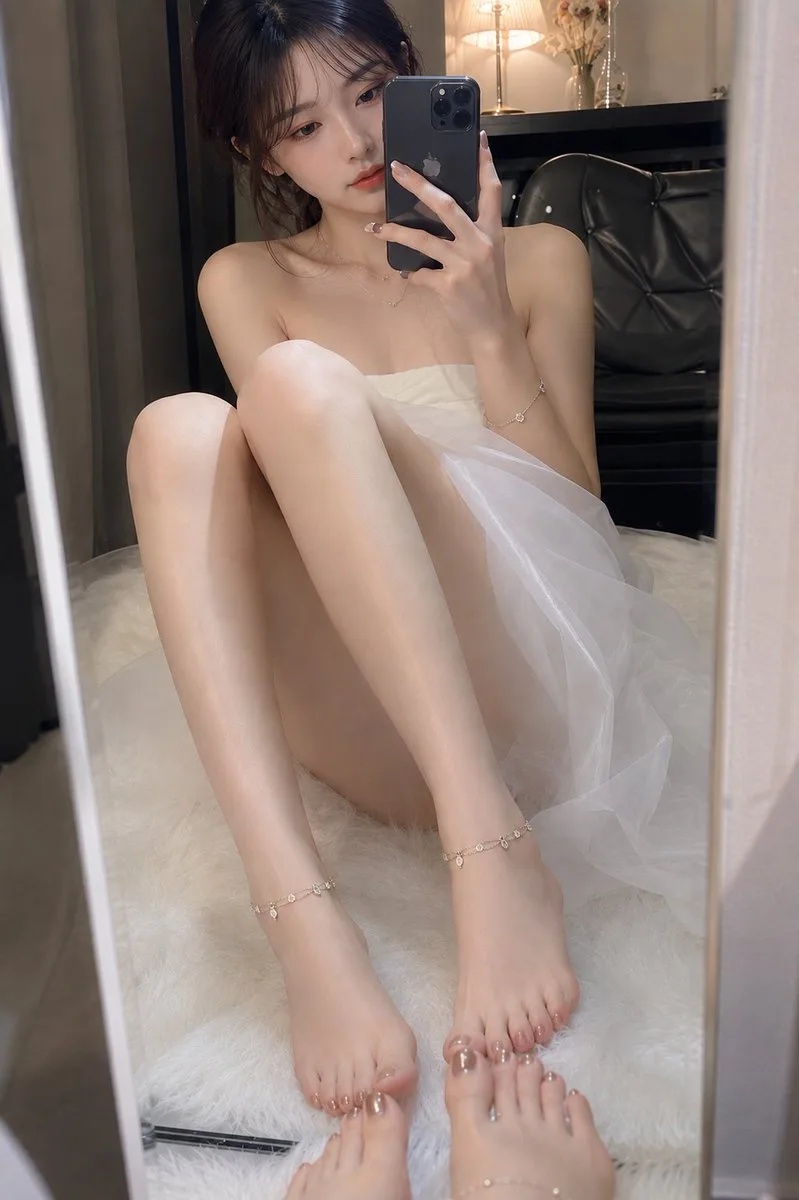 Woman in a white tulle dress taking a mirror selfie while sitting on a rug.