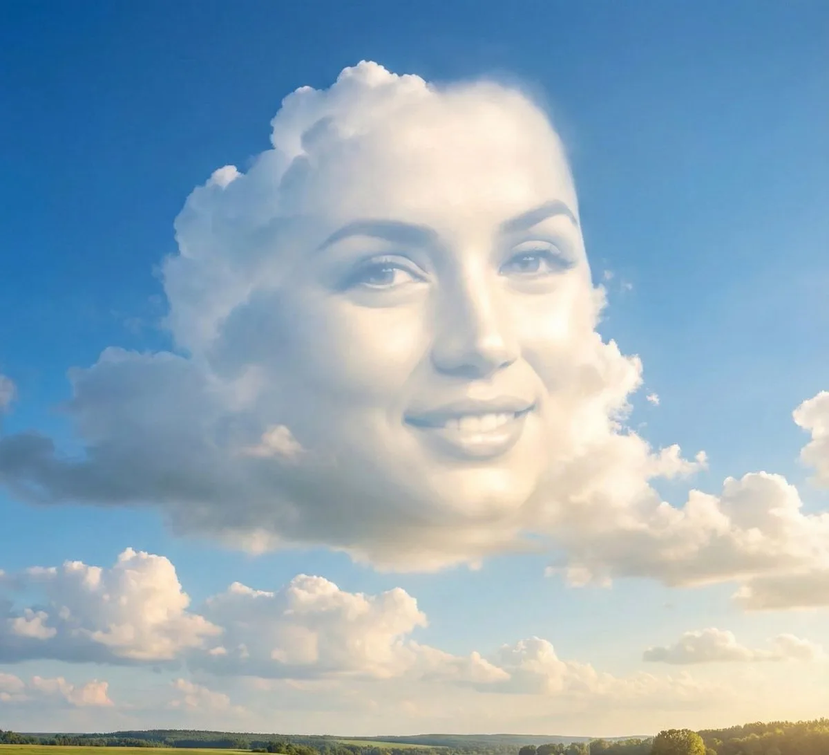 A natural cloud formation shaped like a silhouette in a bright blue sky above a landscape.