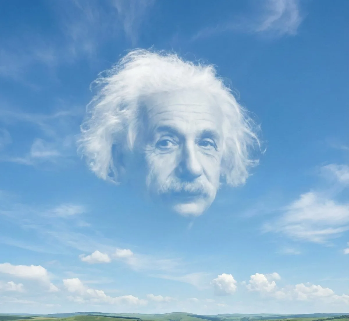 A natural cloud formation shaped like a silhouette in a bright blue sky above a landscape. (3)