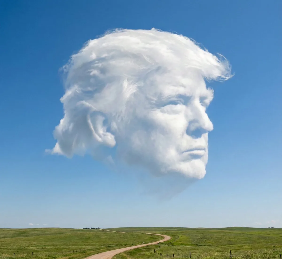 A natural cloud formation shaped like a silhouette in a bright blue sky above a landscape. (4)