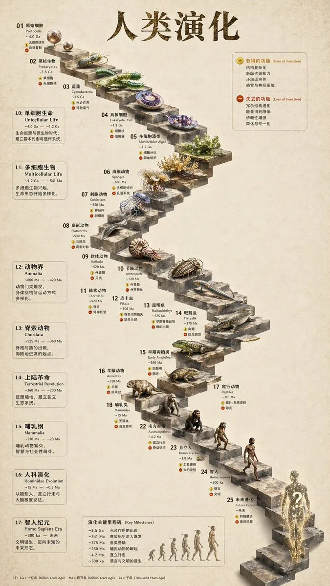 3D evolutionary timeline infographic showing life stages on a stone staircase.