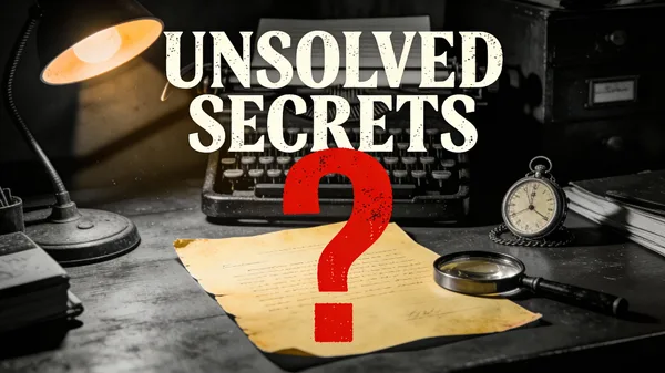 A mysterious letter on a desk with a red question mark, true crime documentary style.