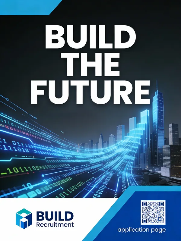 Software developer recruitment flyer with code transforming into a city skyline.