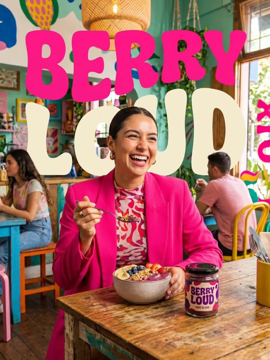 A colorful acai bowl advertisement with fresh fruit, granola, and retro typography in a trendy café.