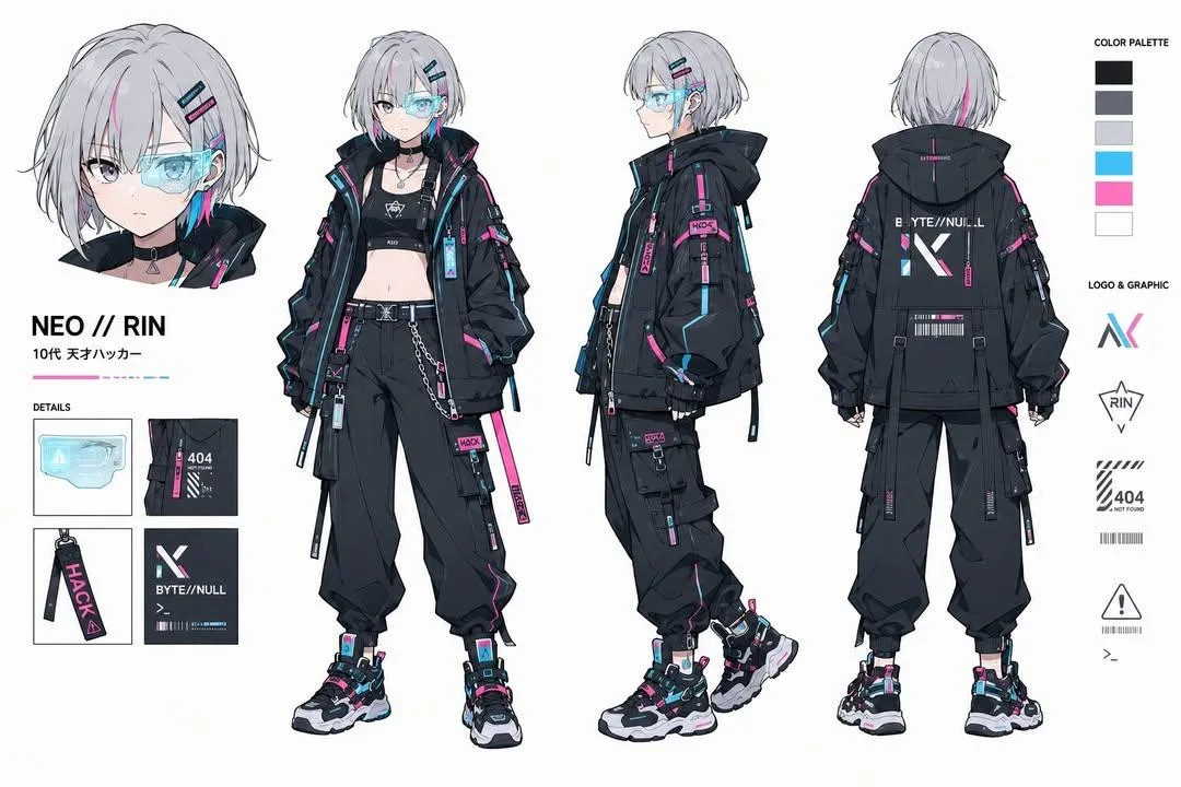 Cyberpunk anime hacker girl character design sheet with multiple angles and accessories