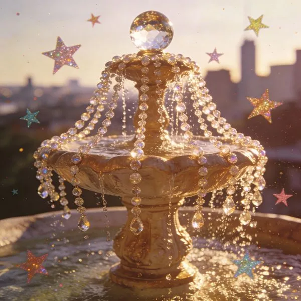 Retro fountain decorated with crystal beads and colorful star stickers in film style