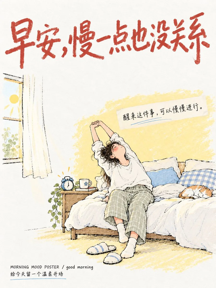 Cozy watercolor illustration of a woman stretching in bed with a sleeping cat in morning light.