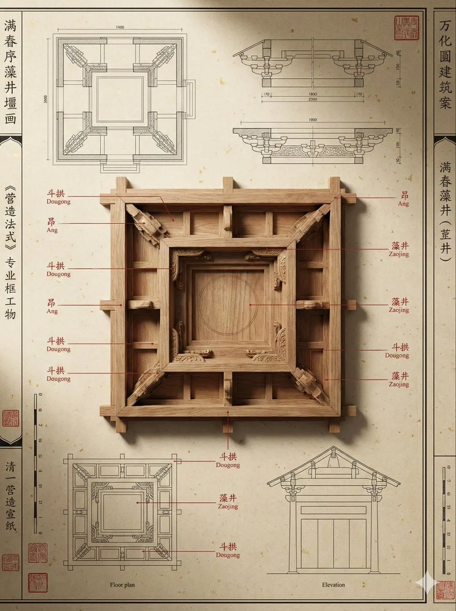 Ancient Chinese architecture model with annotations on Xuan paper background.