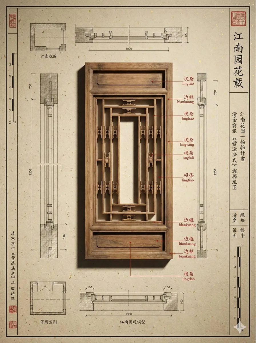 Ancient Chinese architecture model with annotations on Xuan paper background. (2)