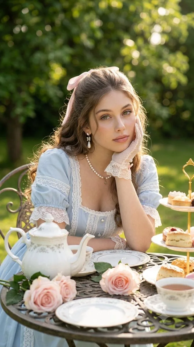 A woman in a vintage blue dress having afternoon tea in a sunlit garden.