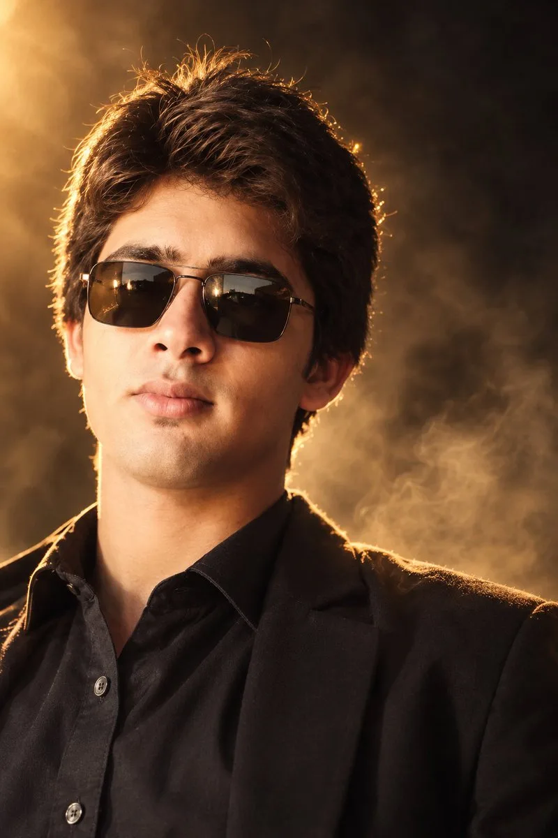 A cinematic male portrait with golden rim lighting and a dark, moody background.