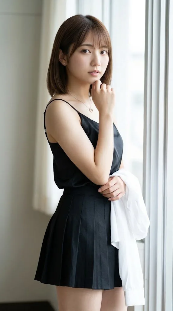 Portrait of a young woman standing by a school window looking back (2)