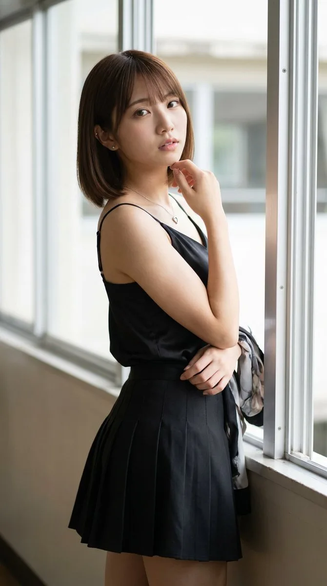 Portrait of a young woman standing by a school window looking back (4)